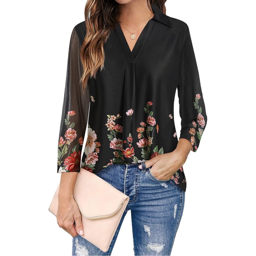 TINSTREE Women's 3/4 Sleeve Blouses Casual V Neck Dress Shirts Double Layers Flo